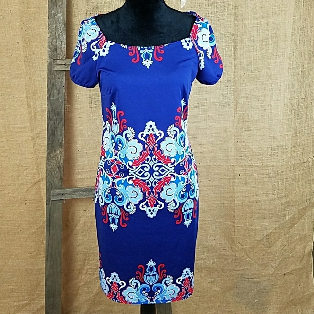 Sunny Leigh women‎ S short sleeve shift dress blue preppy artsy boho office